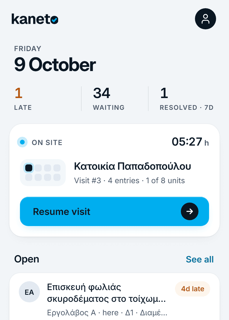 Kaneto's Home on a phone: today's date, what is late, waiting and resolved, the visit on site and the open instructions